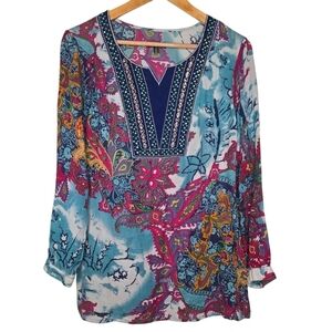 J. Peterman Women's Kaftan Tunic Blouse Top Colorful Embroidery Sequins Size XS